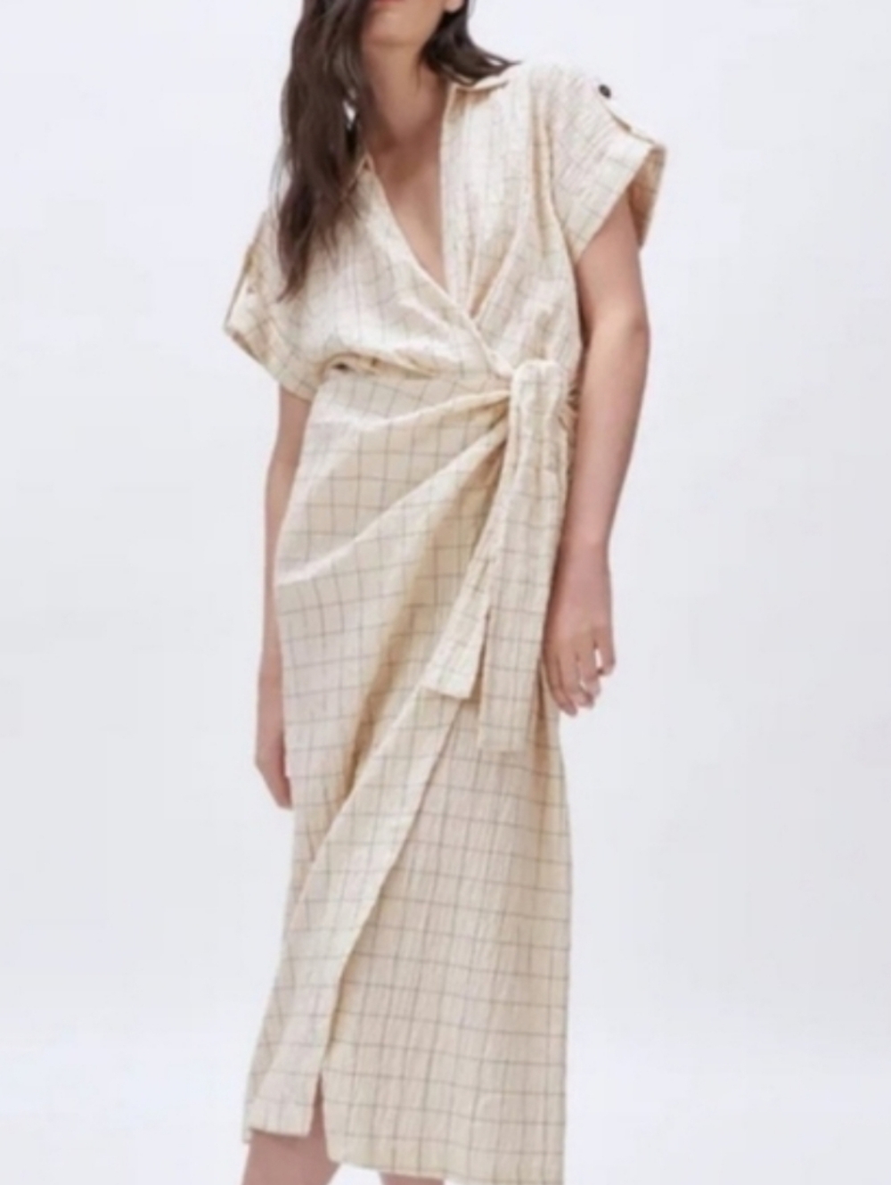 Zara Cream Windowpane Wrap Midi Dress Size S 100 Breatheable Cotton Minimalist